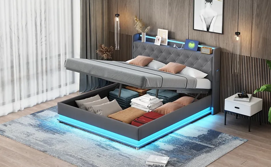 Redom Lit LED 160 par 200 cm avec port USB et rangement hydraulique tissu lin gris doux et respirant idéal pour adultes Clearance