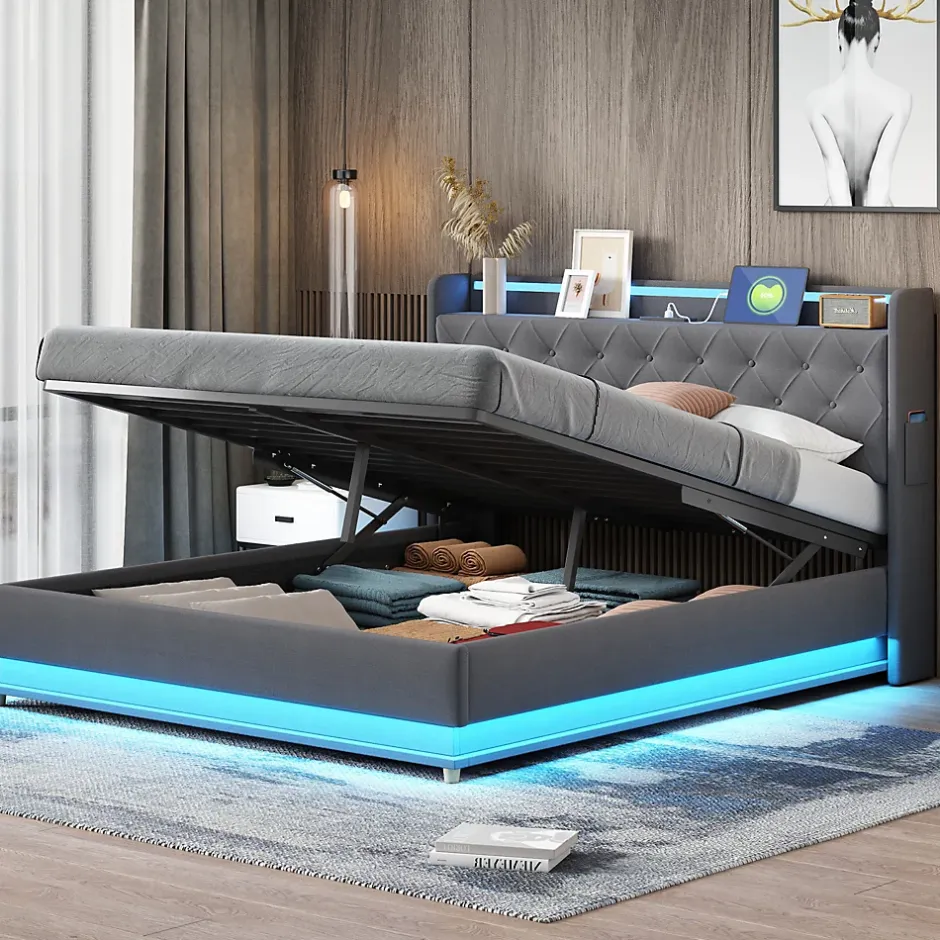 Redom Lit LED 160 par 200 cm avec port USB et rangement hydraulique tissu lin gris doux et respirant idéal pour adultes Clearance