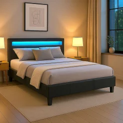 Idimex Lit LED double PINOT 140x190 cm, avec sommier, revêtement synthétique noir