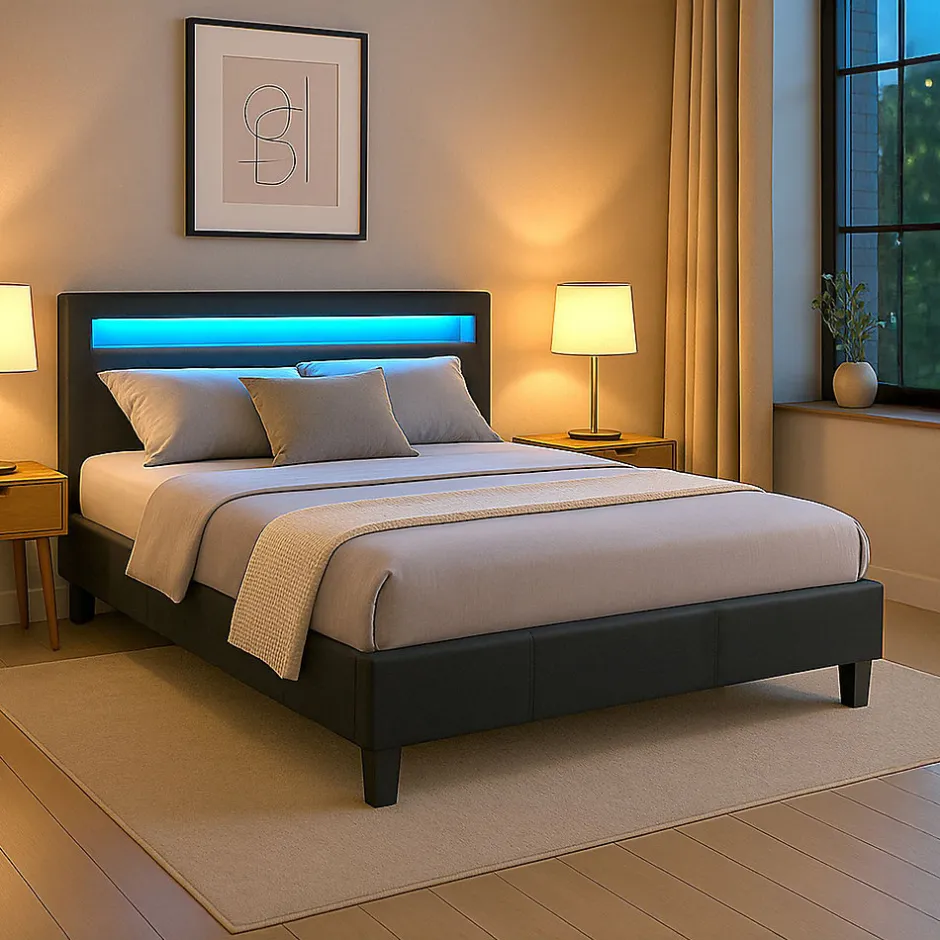 Idimex Lit LED double PINOT 140x190 cm, avec sommier, revêtement synthétique noir