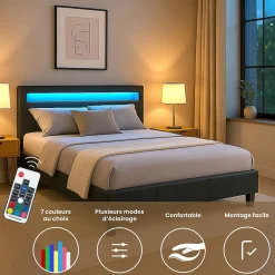 Idimex Lit LED double PINOT 140x190 cm, avec sommier, revêtement synthétique noir