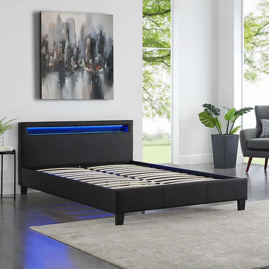 Idimex Lit LED double PINOT 140x190 cm, avec sommier, revêtement synthétique noir