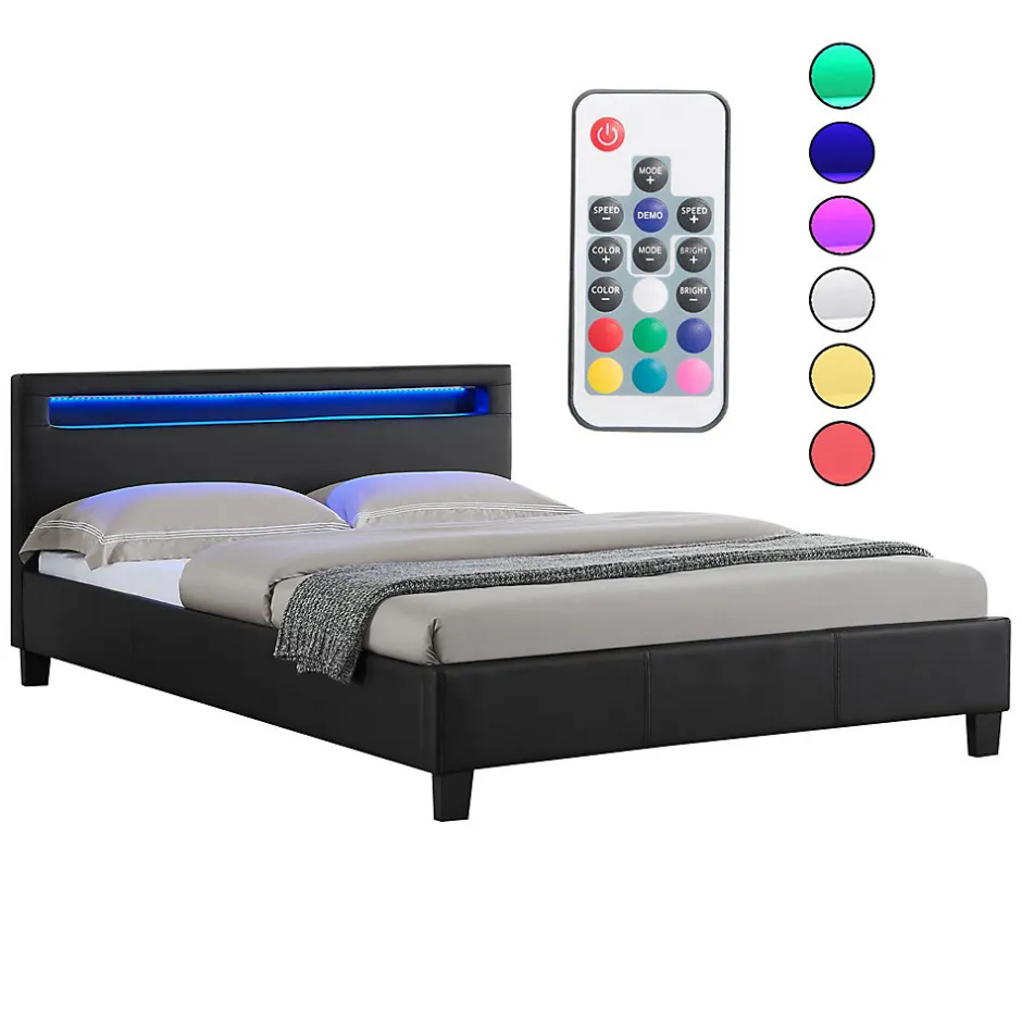 Idimex Lit LED double PINOT 140x190 cm, avec sommier, revêtement synthétique noir