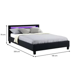 Idimex Lit LED double PINOT 140x190 cm, avec sommier, revêtement synthétique noir