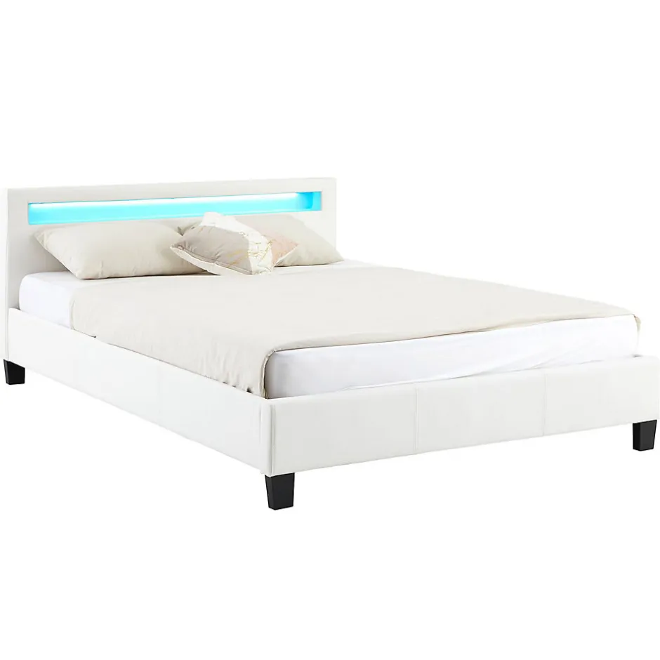 Idimex Lit LED double PINOT 140x190 cm, avec sommier, revêtement synthétique blanc
