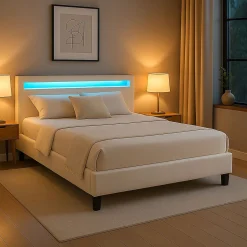 Idimex Lit LED double PINOT 140x190 cm, avec sommier, revêtement synthétique blanc