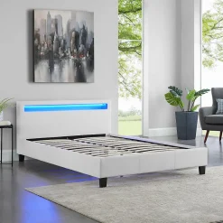 Idimex Lit LED double PINOT 140x190 cm, avec sommier, revêtement synthétique blanc