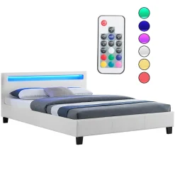 Idimex Lit LED double PINOT 140x190 cm, avec sommier, revêtement synthétique blanc