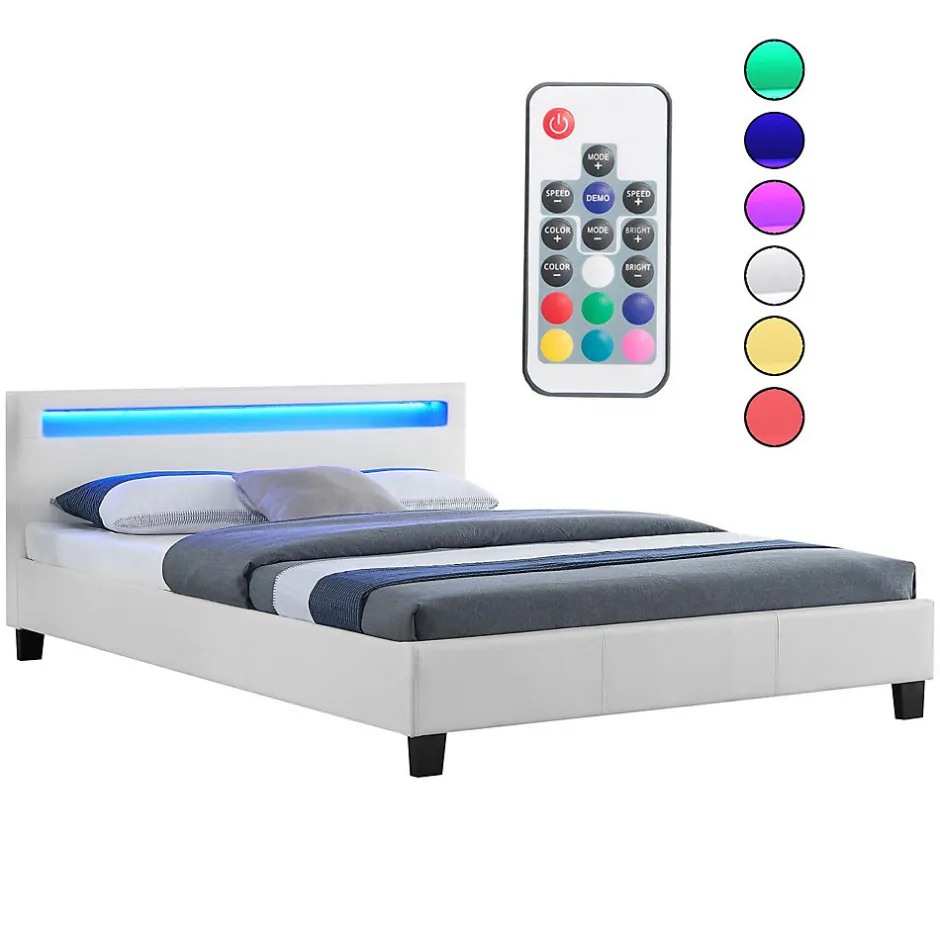 Idimex Lit LED double PINOT 140x190 cm, avec sommier, revêtement synthétique blanc