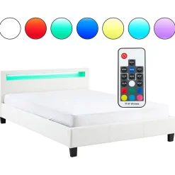 Idimex Lit LED double PINOT 140x190 cm, avec sommier, revêtement synthétique blanc