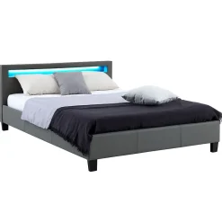Idimex Lit LED double PINOT 140x190 cm, avec sommier, revêtement synthétique gris