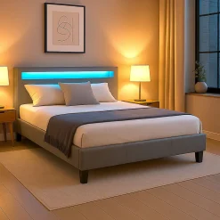 Idimex Lit LED double PINOT 140x190 cm, avec sommier, revêtement synthétique gris