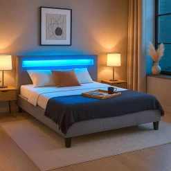 Idimex Lit LED double RIOJA 140x190 cm, avec sommier, revêtement tissu gris