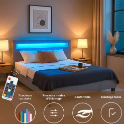Idimex Lit LED double RIOJA 140x190 cm, avec sommier, revêtement tissu gris