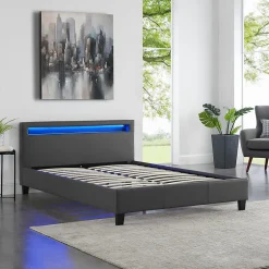 Idimex Lit LED double RIOJA 140x190 cm, avec sommier, revêtement tissu gris