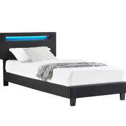 Idimex Lit LED simple AUSTIN 90x190 cm, avec sommier, revêtement en tissu noir