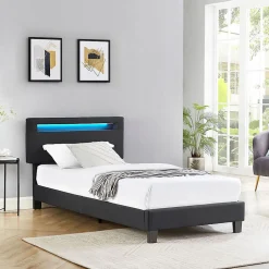 Idimex Lit LED simple AUSTIN 90x190 cm, avec sommier, revêtement en tissu noir
