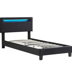 Idimex Lit LED simple AUSTIN 90x190 cm, avec sommier, revêtement en tissu noir