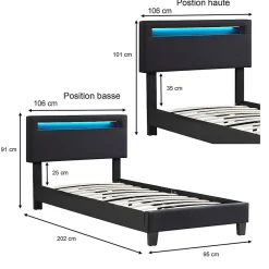 Idimex Lit LED simple AUSTIN 90x190 cm, avec sommier, revêtement en tissu noir