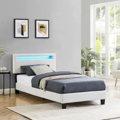 Idimex Lit LED simple AUSTIN 90x190 cm, avec sommier, revêtement en tissu blanc