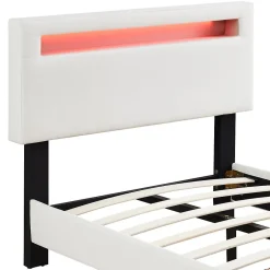 Idimex Lit LED simple AUSTIN 90x190 cm, avec sommier, revêtement en tissu blanc