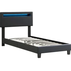 Idimex Lit LED simple EVAN 90x190 cm, avec sommier, revêtement en synthétique noir