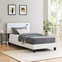 Idimex Lit LED simple EVAN 90x190 cm, avec sommier, revêtement en synthétique blanc