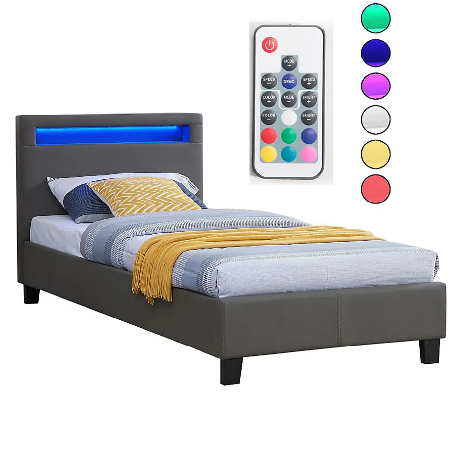 Idimex Lit LED simple LUCENO 90x190 cm, avec sommier, revêtement synthétique gris