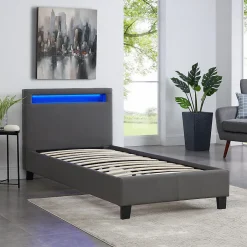 Idimex Lit LED simple LUCENO 90x190 cm, avec sommier, revêtement synthétique gris