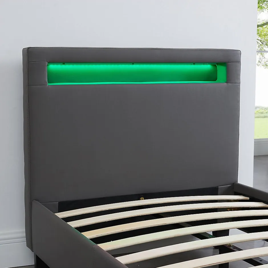 Idimex Lit LED simple LUCENO 90x190 cm, avec sommier, revêtement synthétique gris