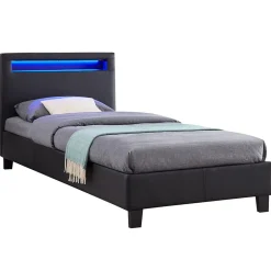 Idimex Lit LED simple LUCENO 90x190 cm, avec sommier, revêtement synthétique noir