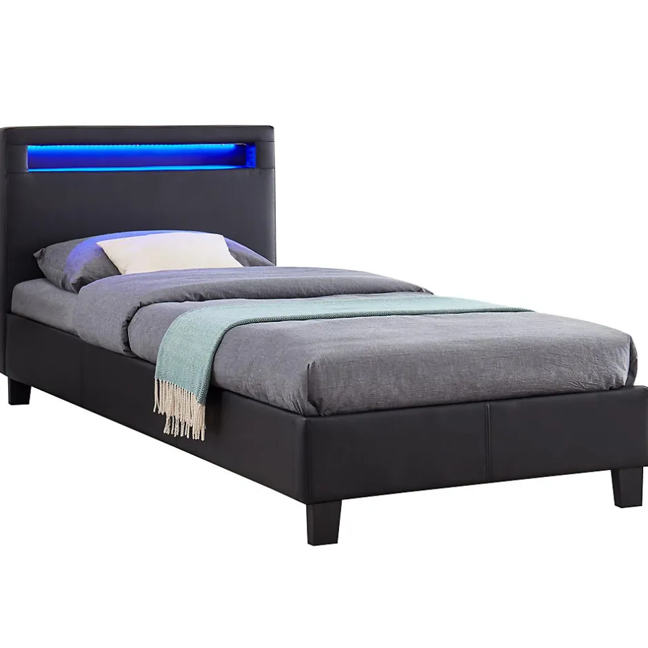Idimex Lit LED simple LUCENO 90x190 cm, avec sommier, revêtement synthétique noir