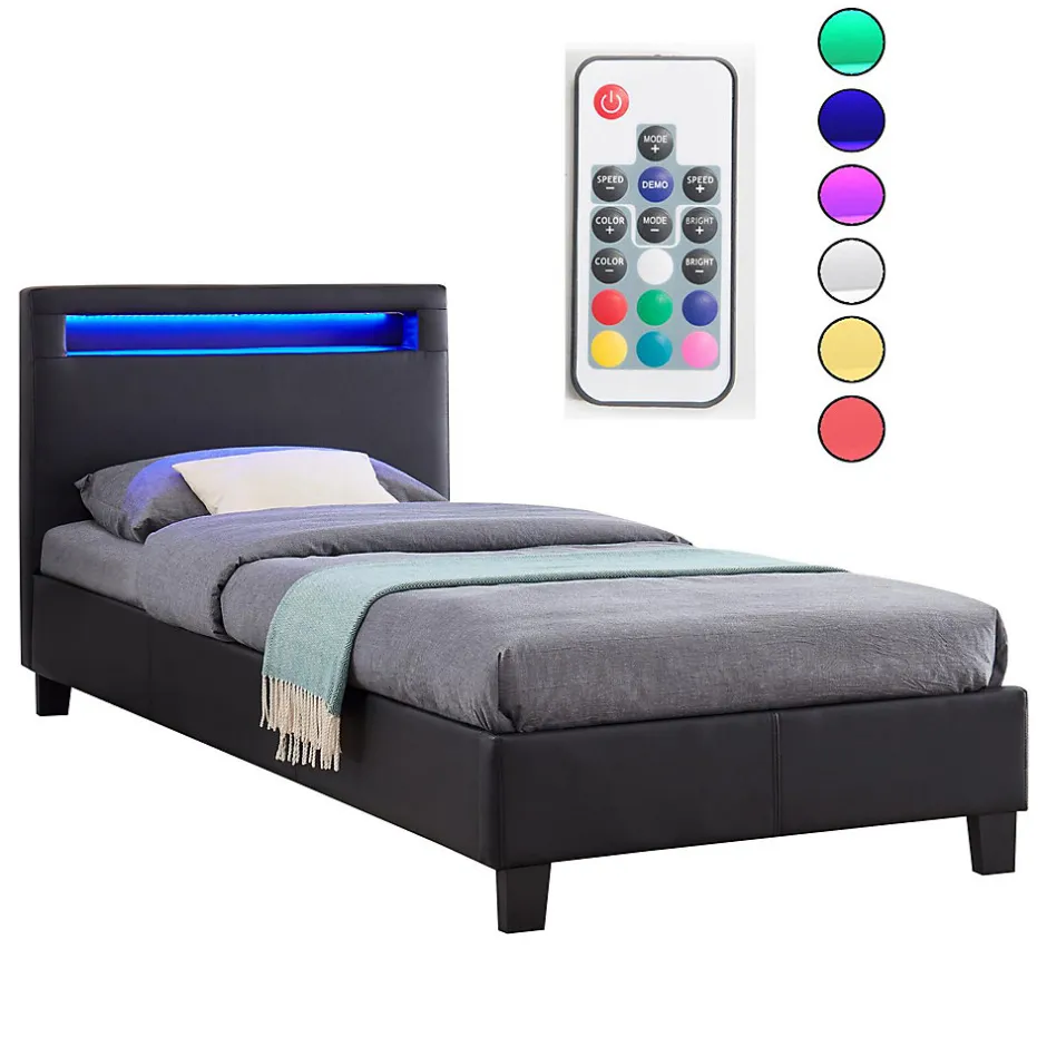 Idimex Lit LED simple LUCENO 90x190 cm, avec sommier, revêtement synthétique noir