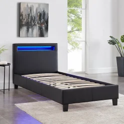 Idimex Lit LED simple LUCENO 90x190 cm, avec sommier, revêtement synthétique noir