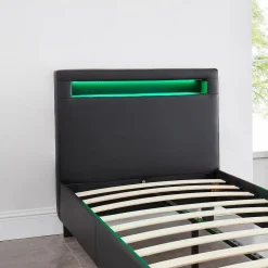 Idimex Lit LED simple LUCENO 90x190 cm, avec sommier, revêtement synthétique noir