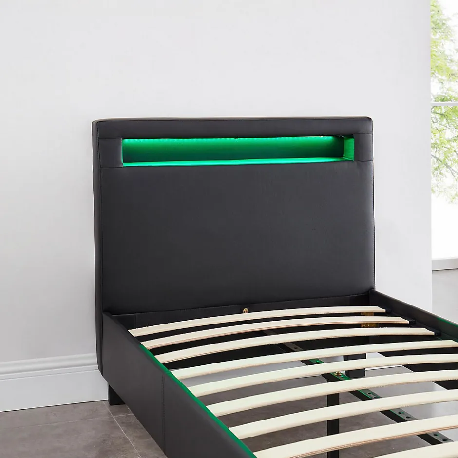 Idimex Lit LED simple LUCENO 90x190 cm, avec sommier, revêtement synthétique noir
