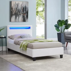 Idimex Lit LED simple LUCENO 90x190 cm, avec sommier, revêtement synthétique blanc