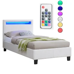 Idimex Lit LED simple LUCENO 90x190 cm, avec sommier, revêtement synthétique blanc