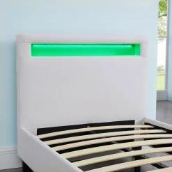 Idimex Lit LED simple LUCENO 90x190 cm, avec sommier, revêtement synthétique blanc
