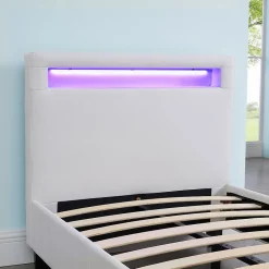 Idimex Lit LED simple LUCENO 90x190 cm, avec sommier, revêtement synthétique blanc