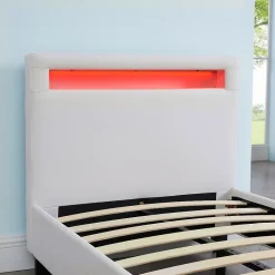 Idimex Lit LED simple LUCENO 90x190 cm, avec sommier, revêtement synthétique blanc