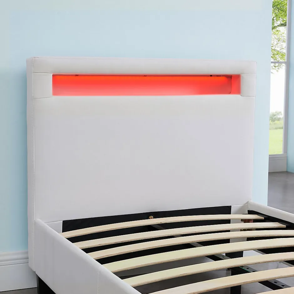Idimex Lit LED simple LUCENO 90x190 cm, avec sommier, revêtement synthétique blanc
