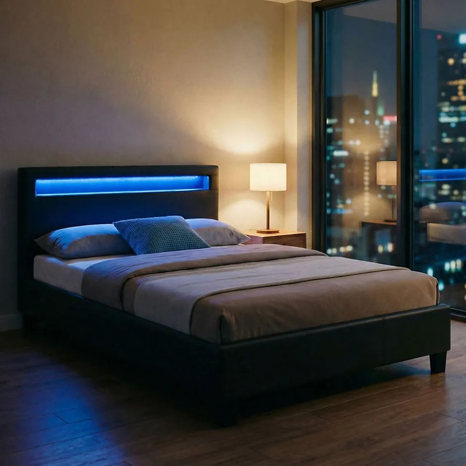 Idimex Lit LED simple MIRANDO 120x190 cm, avec sommier, revêtement synthétique noir