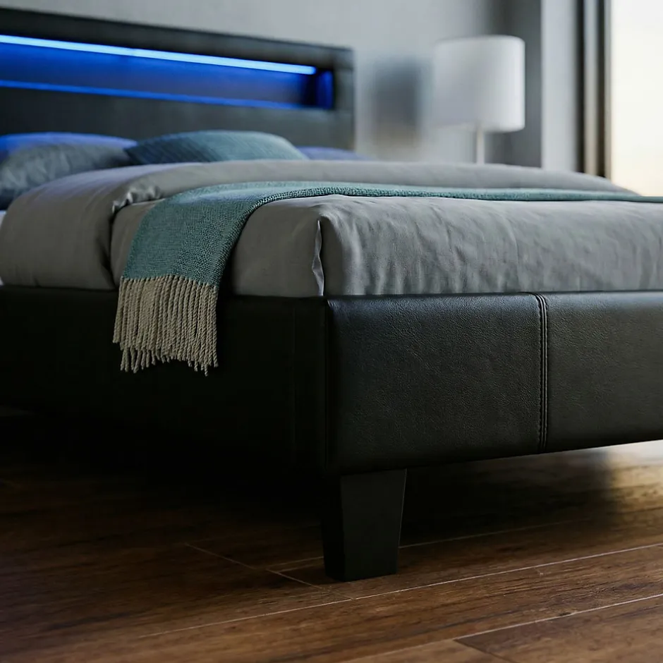 Idimex Lit LED simple MIRANDO 120x190 cm, avec sommier, revêtement synthétique noir