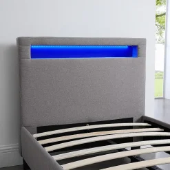 Idimex Lit LED simple MOLINA 90x190 cm, avec sommier, revêtement tissu gris Sale