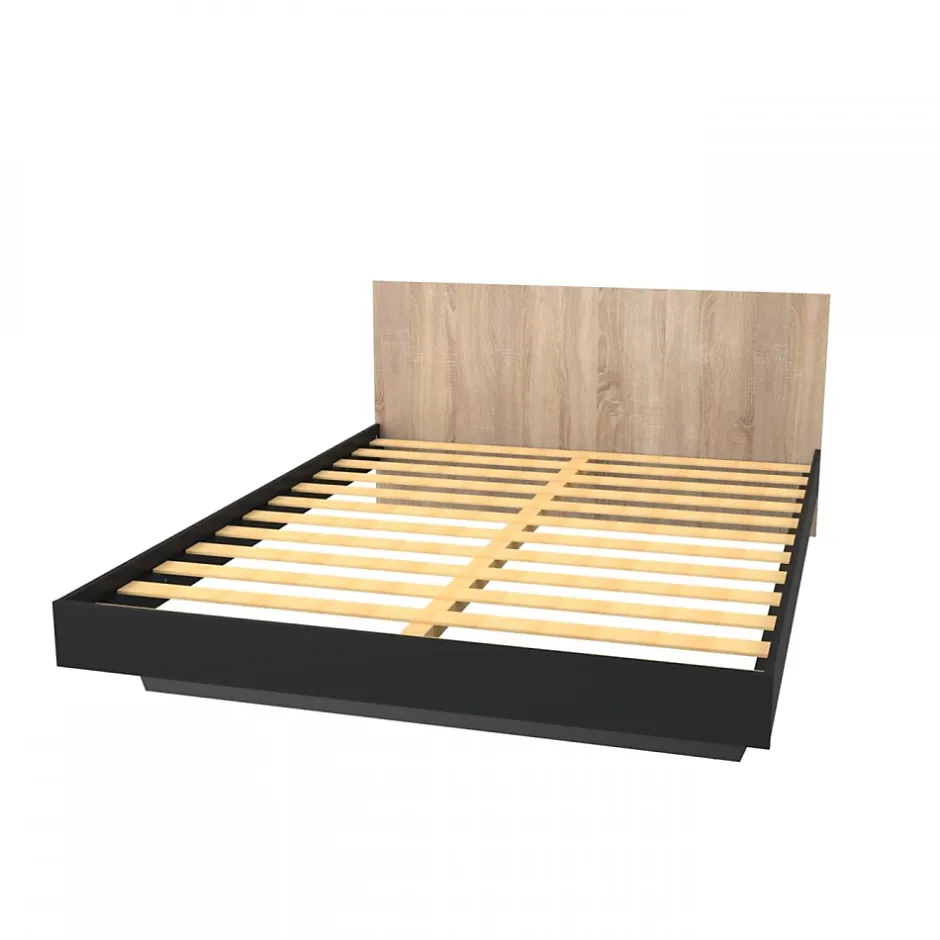 Weber Industries Lit LOFT 160x200 + 1 sommier + tête de lit / Décor Noir & chêne blanchi