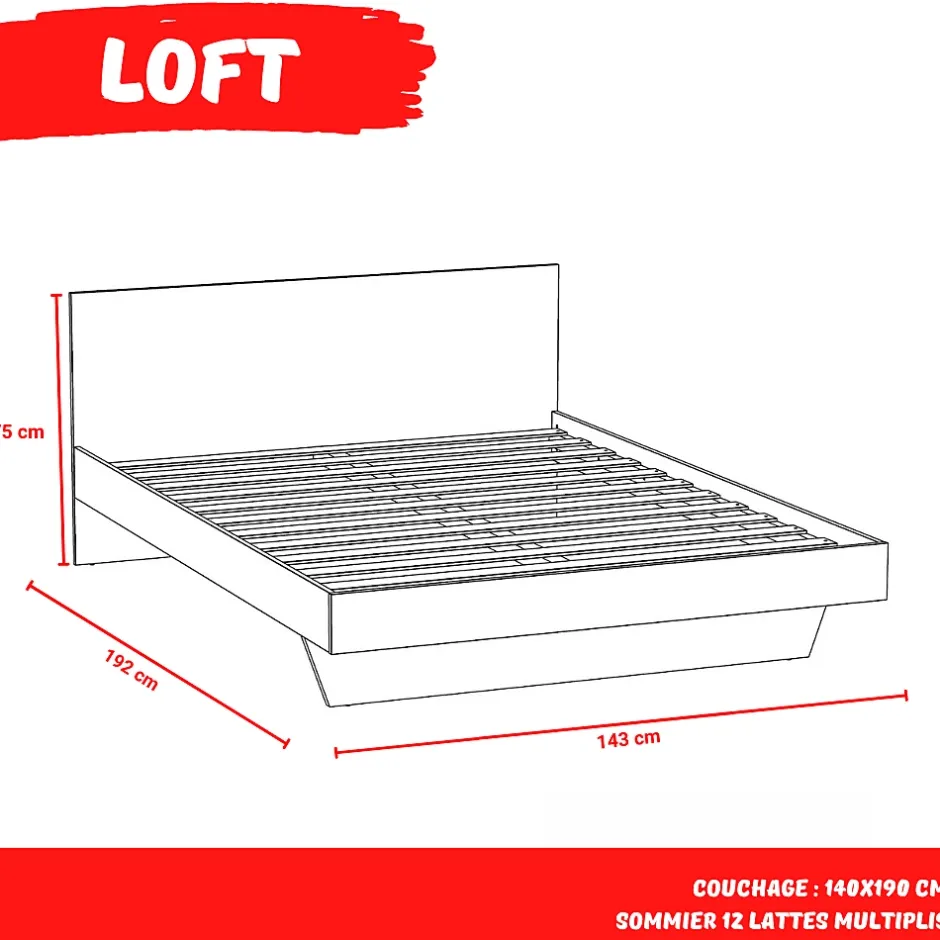 Weber Industries Lit LOFT 140x190 + 1 sommier + tête de lit / Décor Chêne blanchi Best