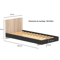 Weber Industries Lit LOFT 90x190 cm + sommier / Décor Noir & chêne blanchi