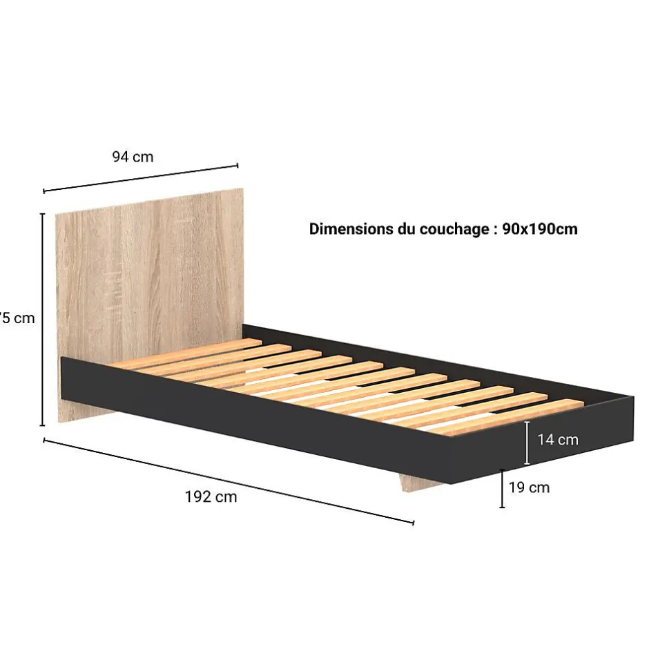 Weber Industries Lit LOFT 90x190 cm + sommier / Décor Noir & chêne blanchi