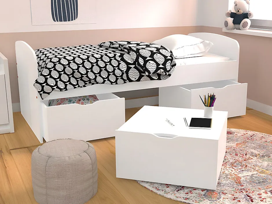 Vente-unique Lit LOUANE avec 2 tiroirs et 1 coffre de rangement - 90 x 190 cm - Blanc Outlet